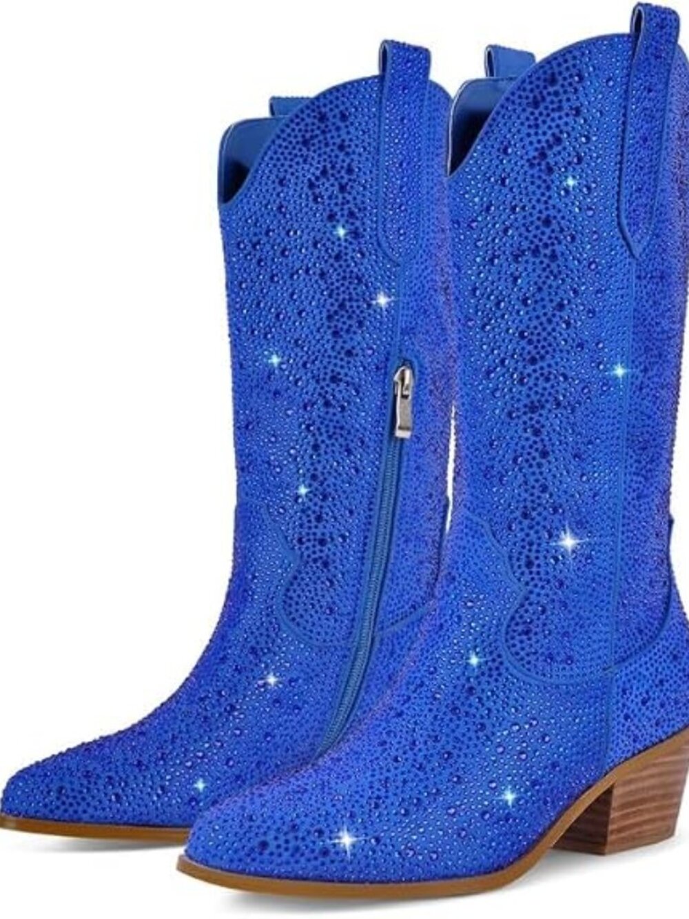 👢Women's Sequins Blue Sparkly Rhinestones Cowgirl Style Boots Calf High Boots